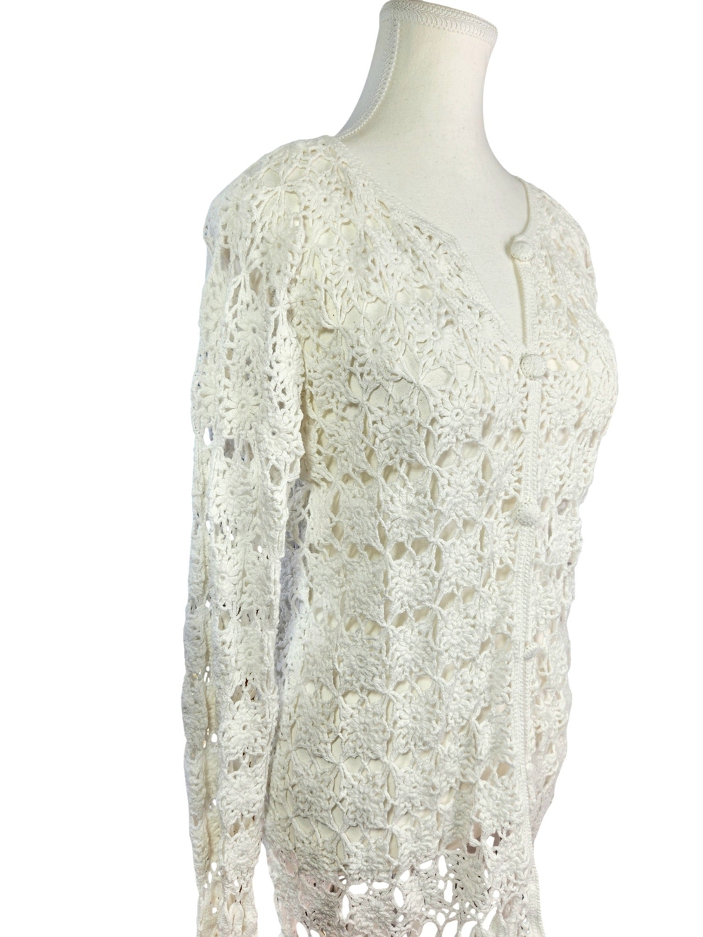 Crochet Cardigan White Sweater Med Boho Open Knit Button Front Cover Up Festival - Picture 3 of 15